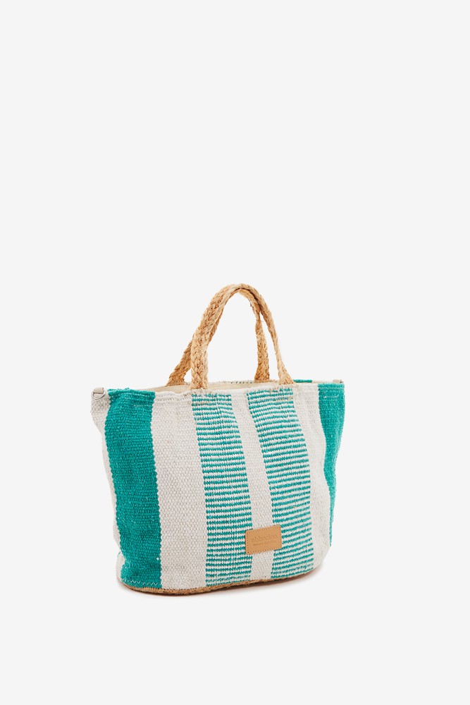 Abbacino Capazo pequeño de rafia con print a rayas blanco y turquesa