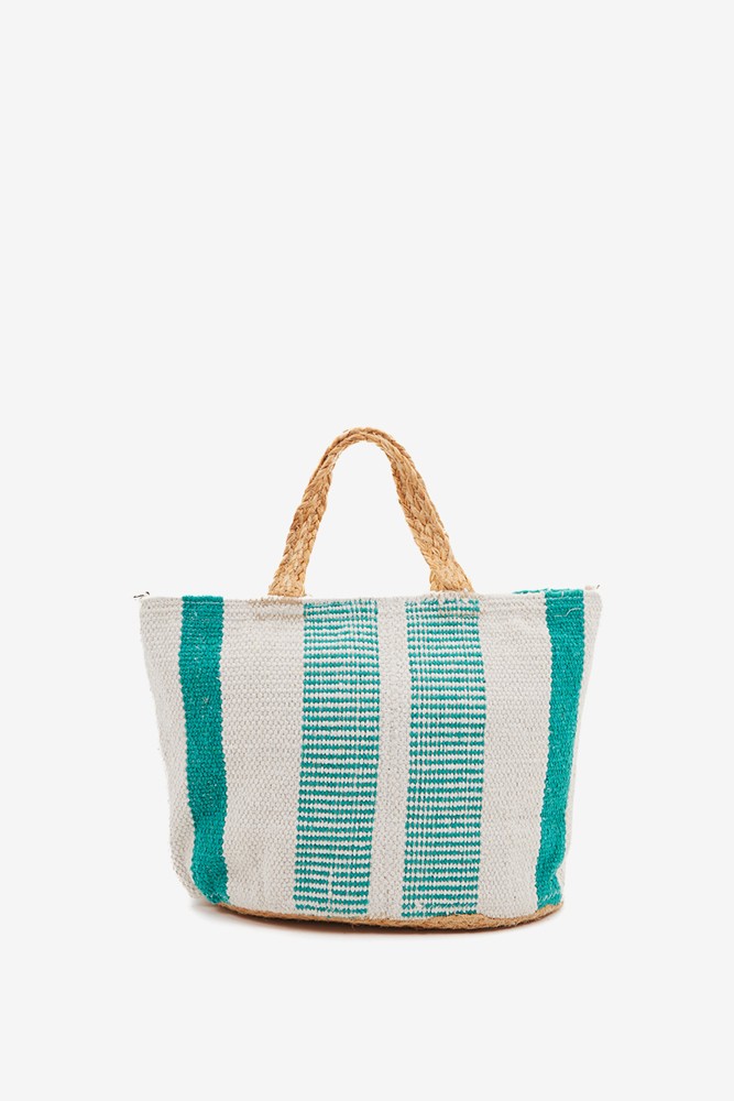 Abbacino Capazo pequeño de rafia con print a rayas blanco y turquesa Precio de fábrica