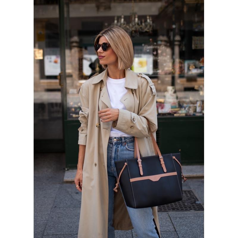 El potro Bolso Shopping mujer en lona y piel vacuno color negro - Base Precio ultrabajo