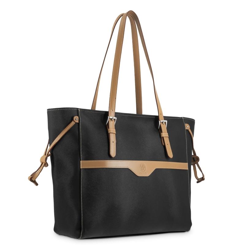 El potro Bolso Shopping mujer en lona y piel vacuno color negro - Base Precio ultrabajo