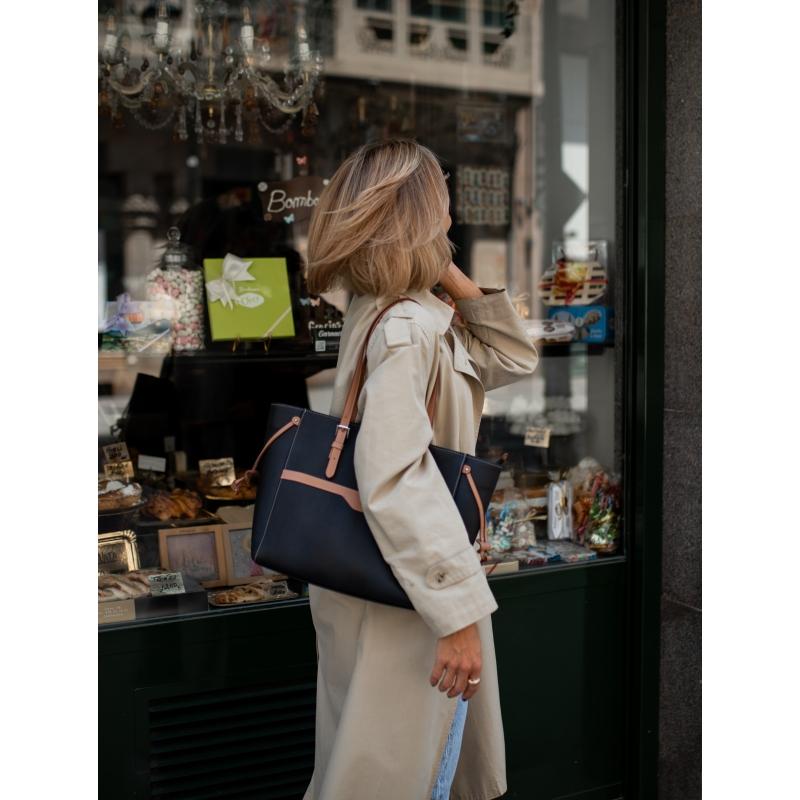 El potro Bolso Shopping mujer en lona y piel vacuno color negro - Base Precio ultrabajo