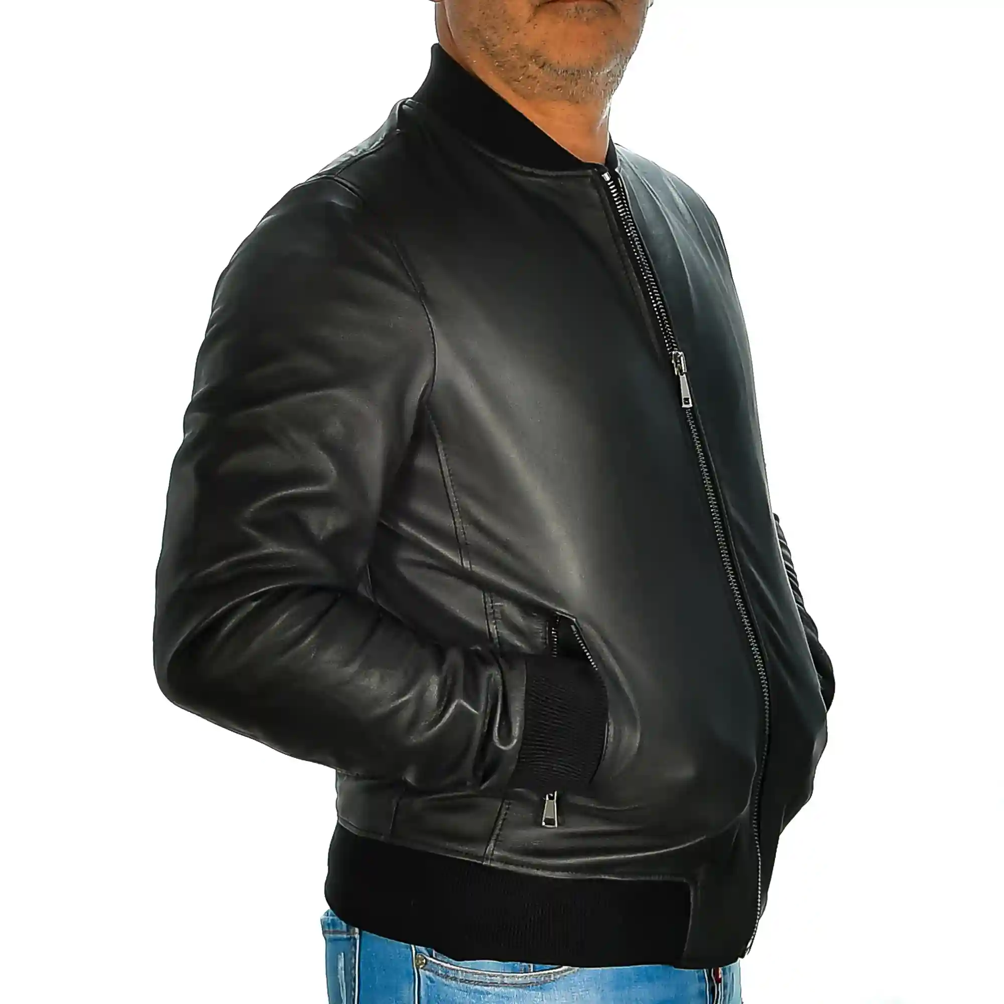 Firenze artegiani Chaqueta de hombre de piel auténtica con cuello mao Ofertas especiales