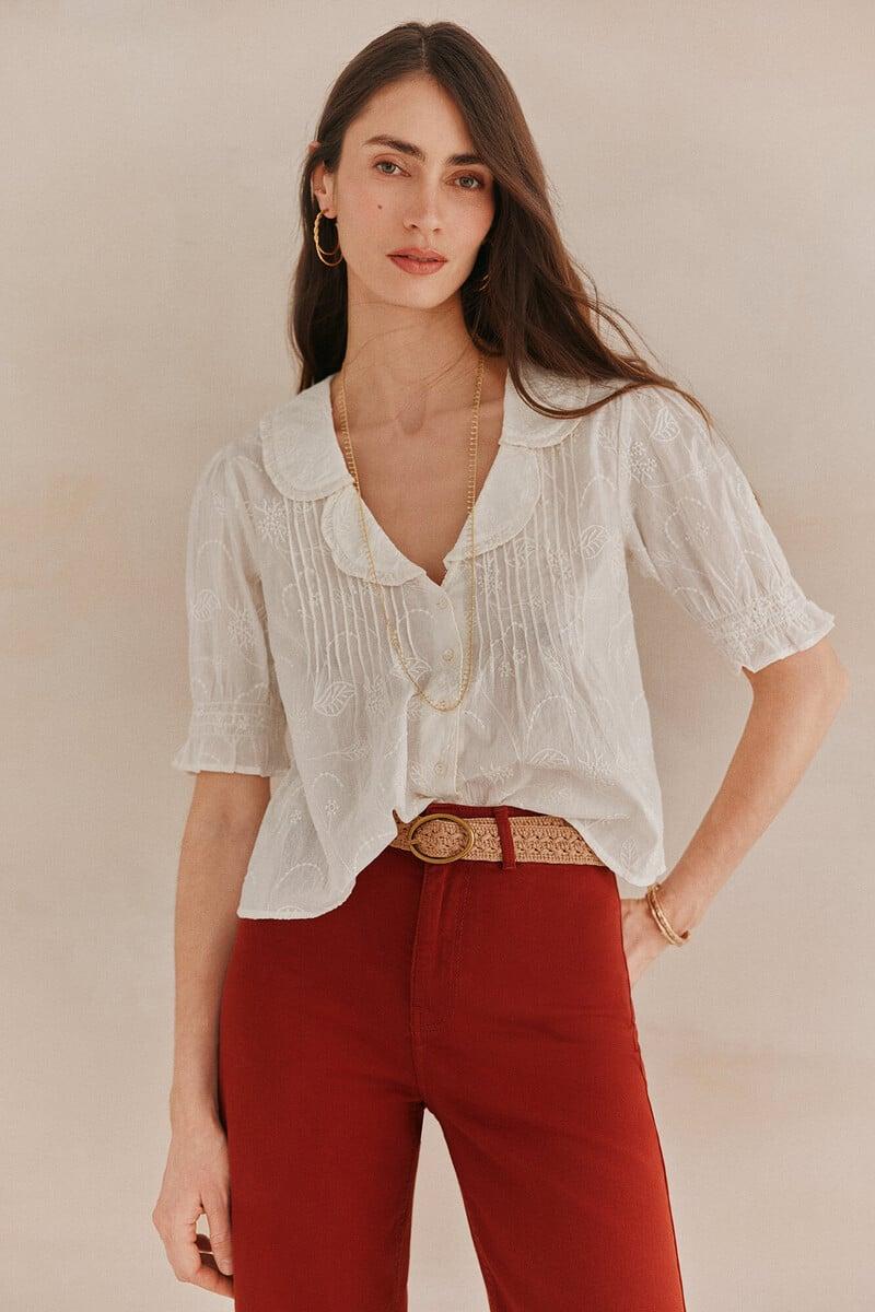 pedro del hierro Carmela. Camisa bordada solapas Venta caliente
