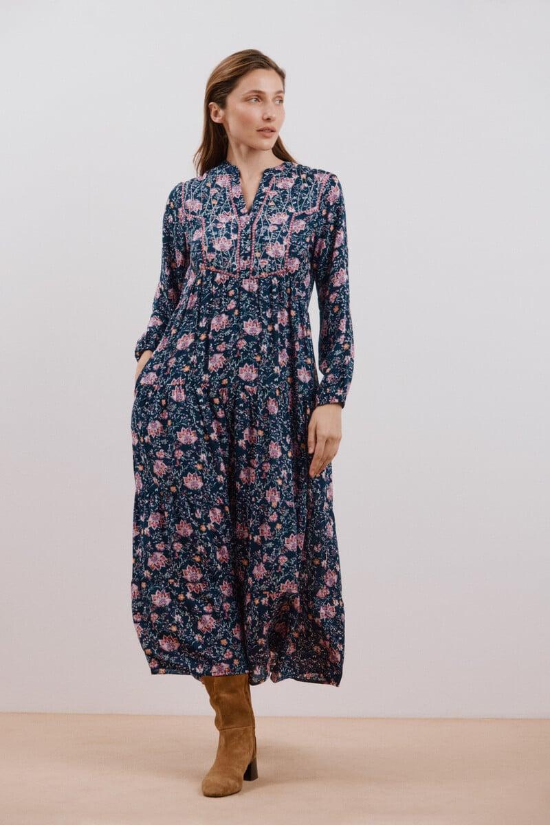 pedro del hierro Vestido largo estampado con bordado a contraste Outlet online
