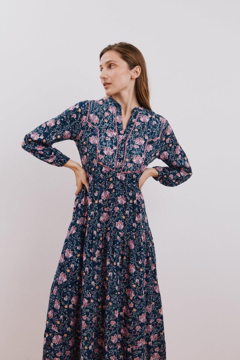 pedro del hierro Vestido largo estampado con bordado a contraste Outlet online