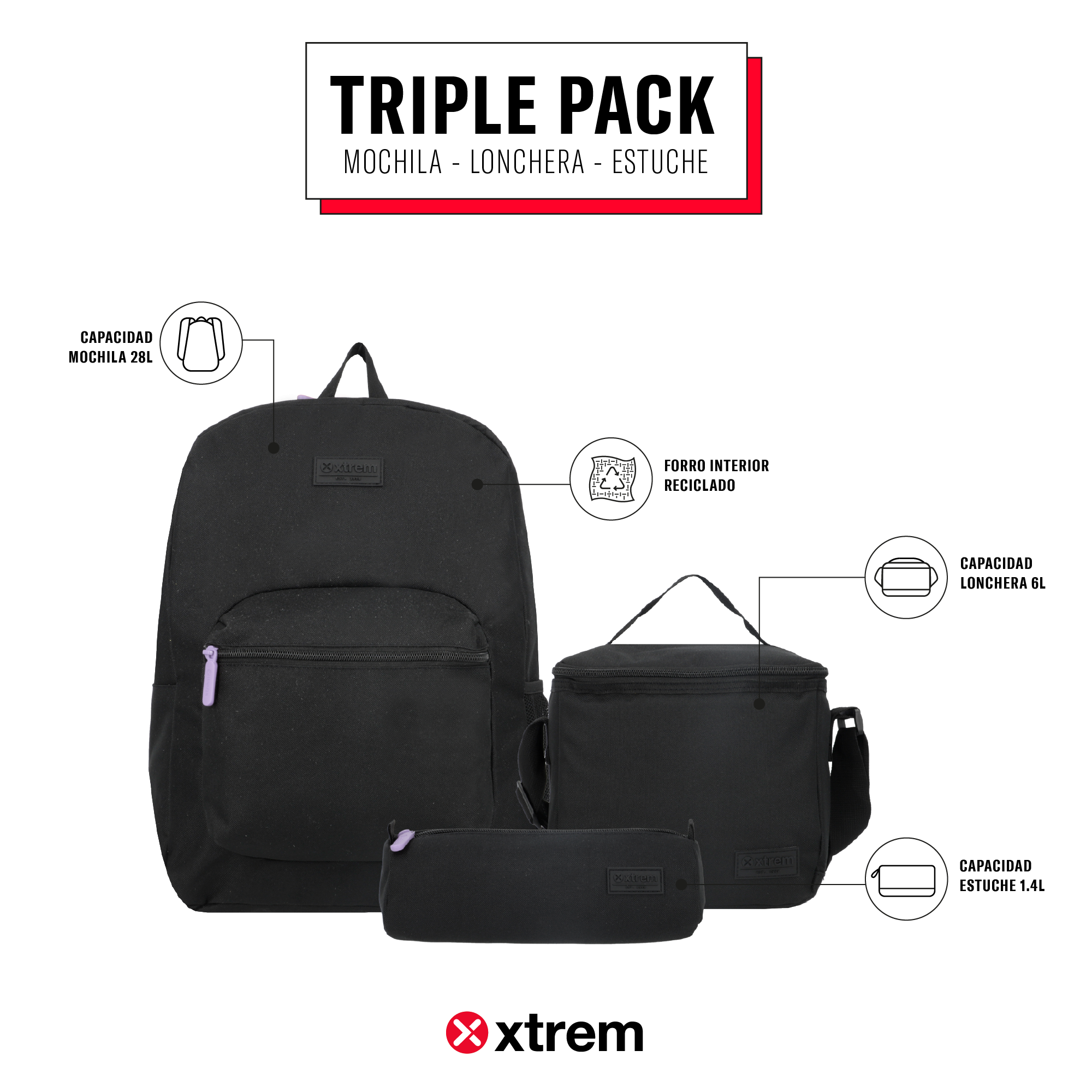 saxoline Set mochila + lonchera + estuche Triple Pack negro/morado Rebajas top