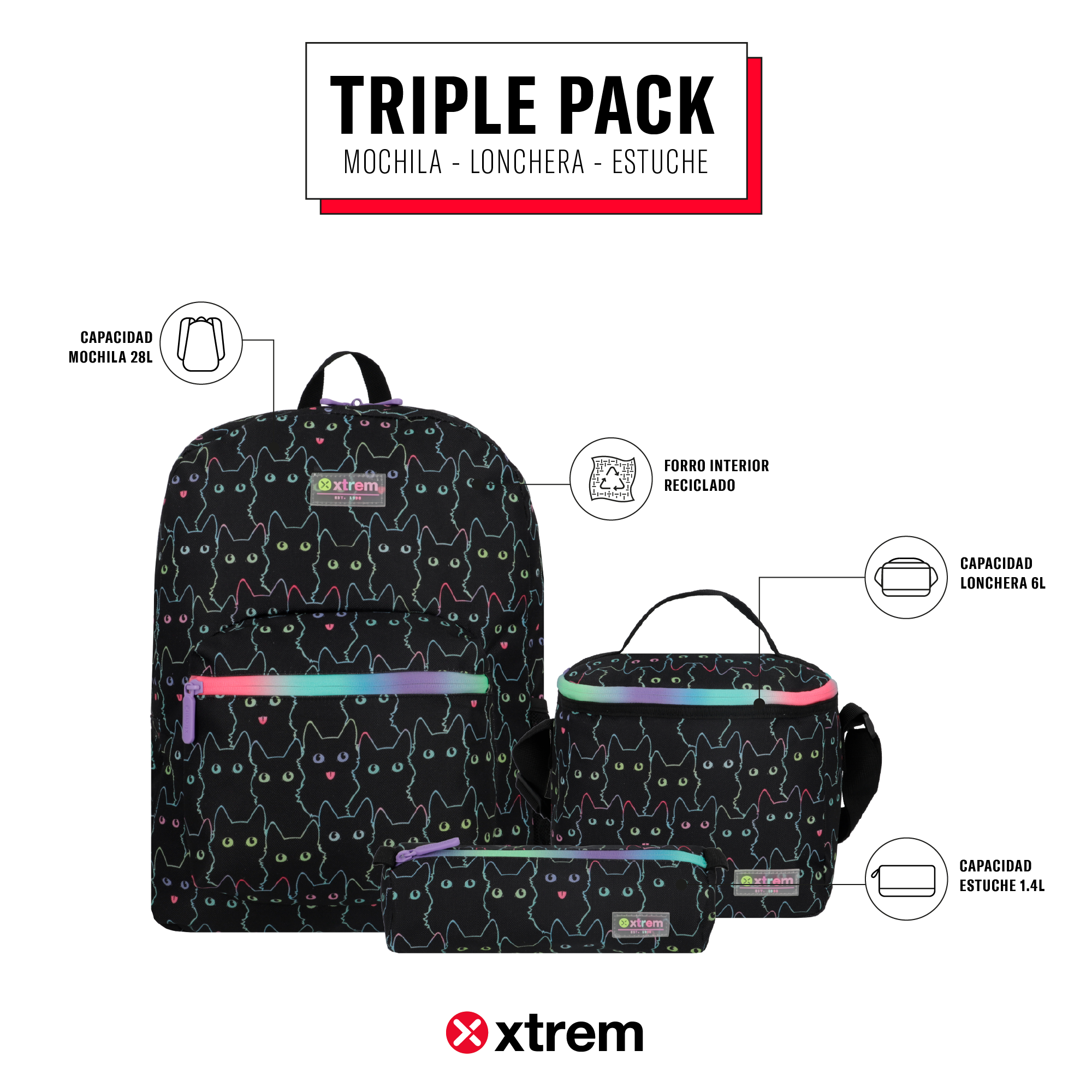 saxoline Set mochila + lonchera + estuche Triple Pack negro gatos COMPRAR AHORA
