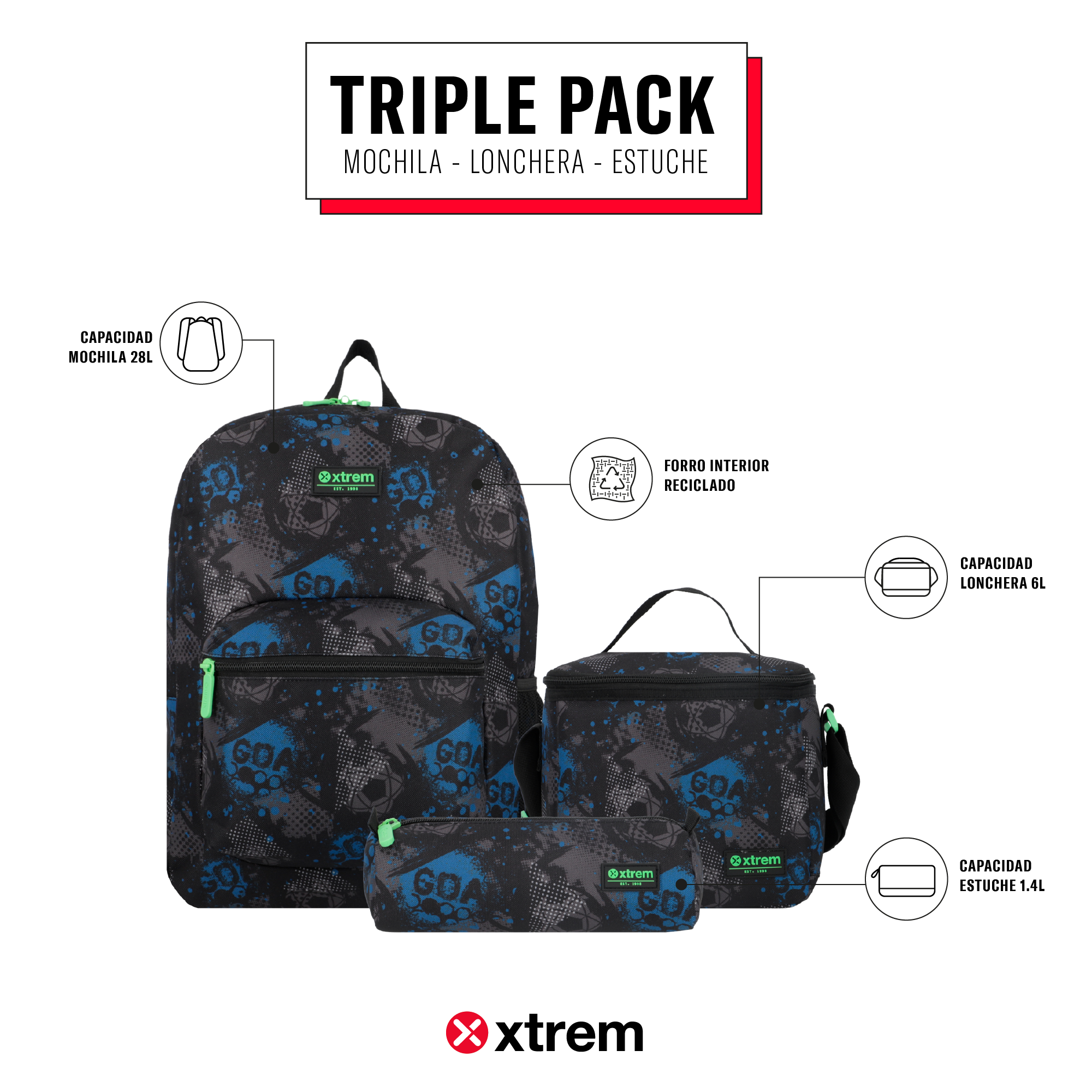 saxoline Set mochila + lonchera + estuche Triple Pack negro fútbol ÚLTIMAS EDICIONES
