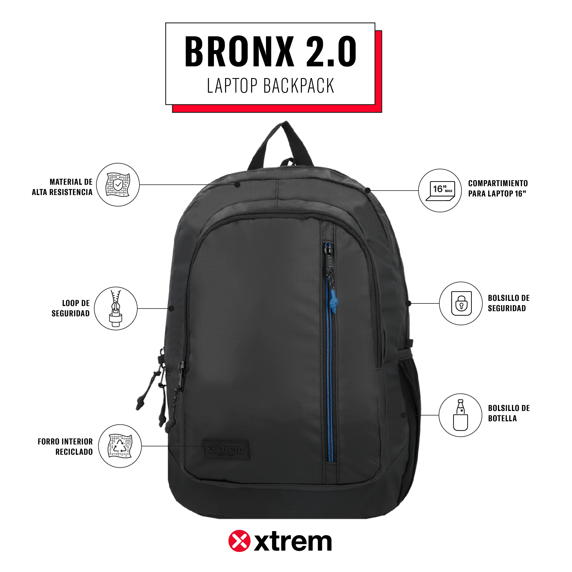 saxoline Mochila para notebook 16" Bronx 2.0 negra/azul Envío internacional gratuito