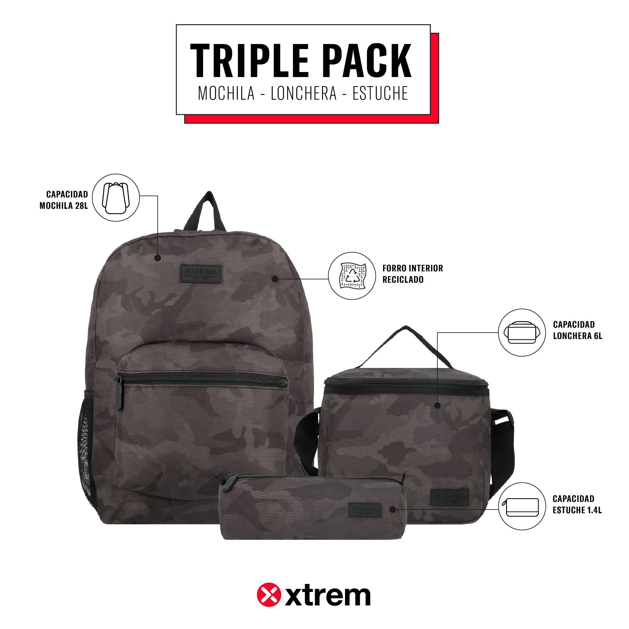 saxoline Set mochila + lonchera + estuche Triple Pack verde camo Último día