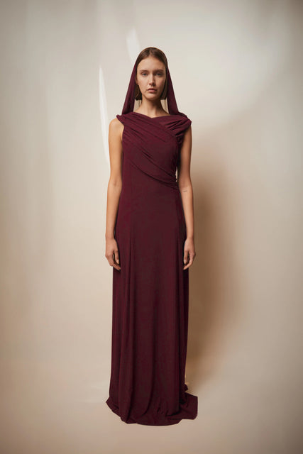 teresa helbig Vestido drapeado capucha burdeos Última moda