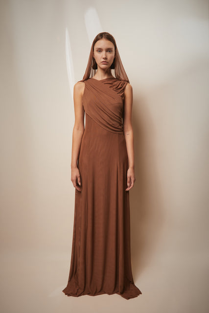 teresa helbig Vestido drapeado capucha terracota Ofertas especiales