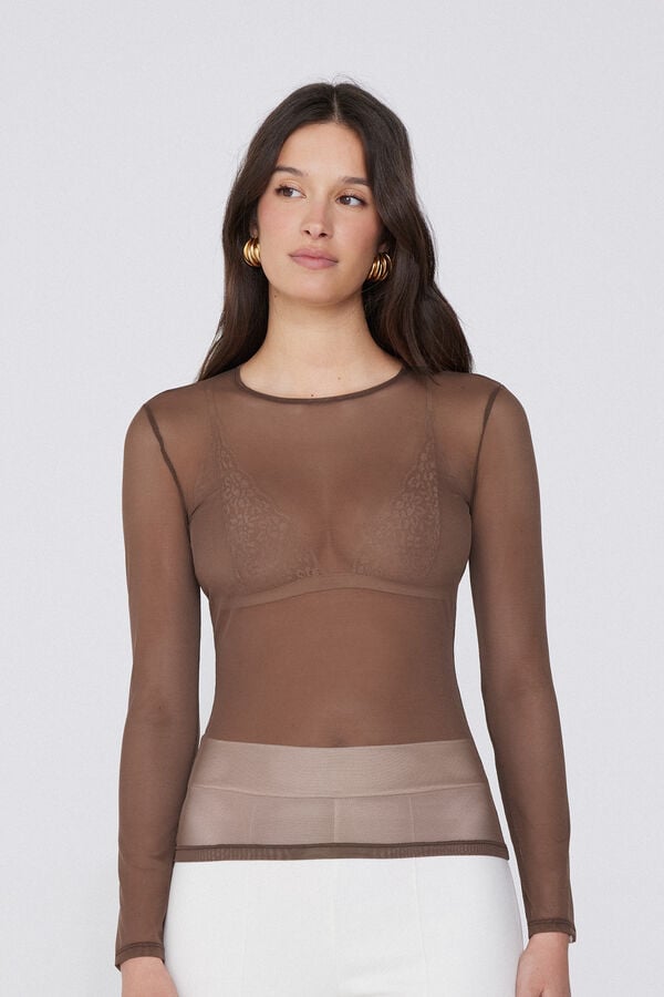 Tezenis Camiseta de Manga Larga y Cuello Redondo de Tul