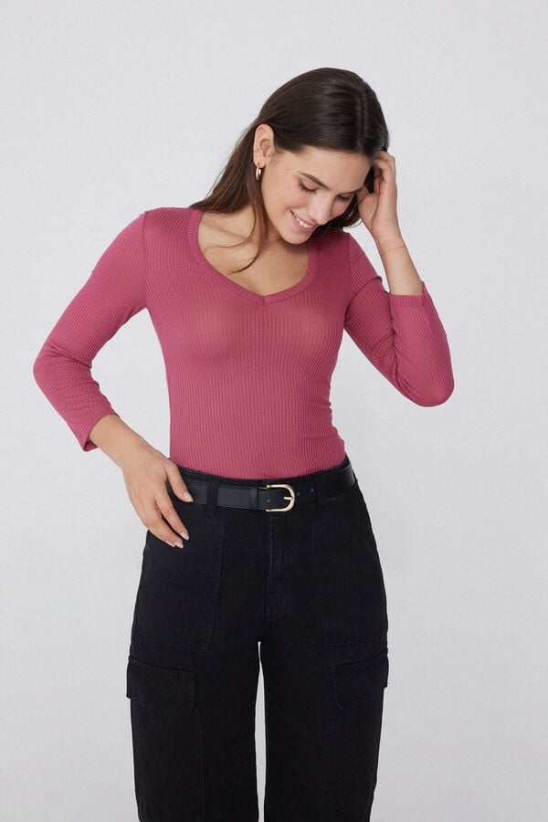 Tezenis Camiseta Manga Tres Cuartos Escote Pico Viscosa Canalé Rebajas online