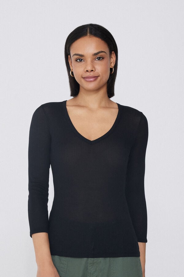 Tezenis Camiseta Manga Tres Cuartos Escote Pico Viscosa Canalé Envío gratis