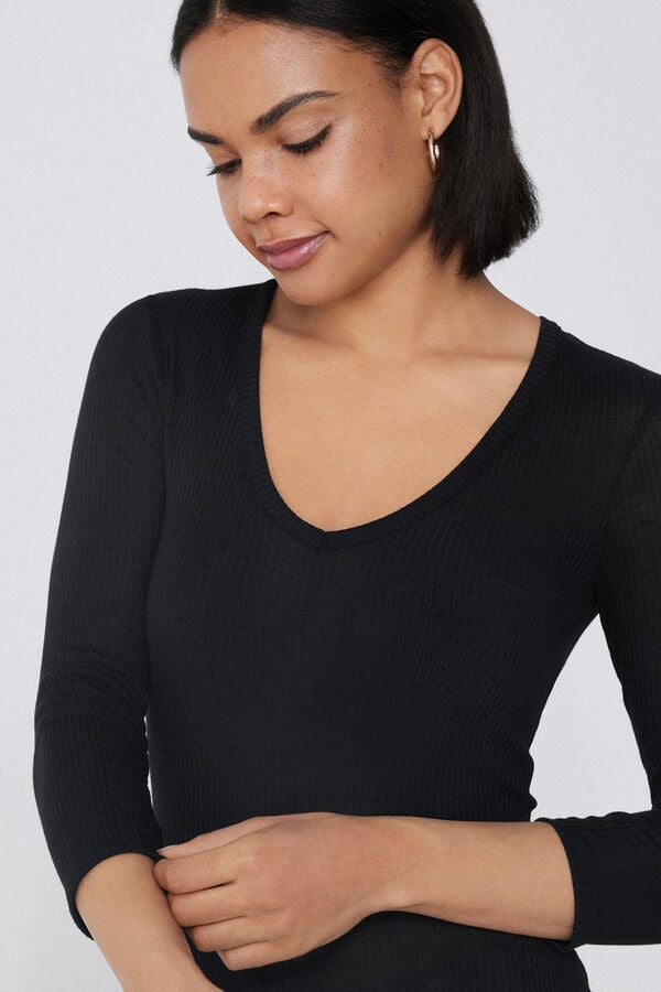 Tezenis Camiseta Manga Tres Cuartos Escote Pico Viscosa Canalé Envío gratis