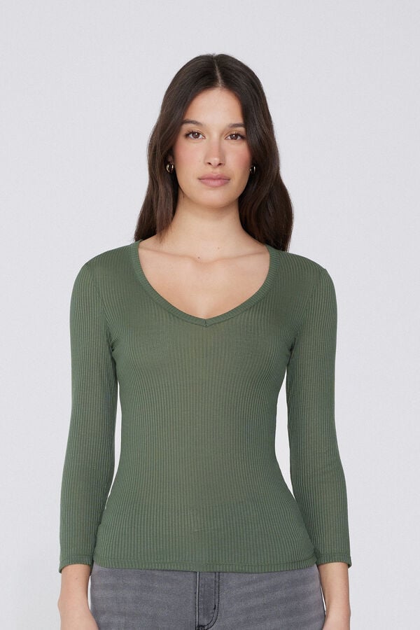 Tezenis Camiseta Manga Tres Cuartos Escote Pico Viscosa Canalé