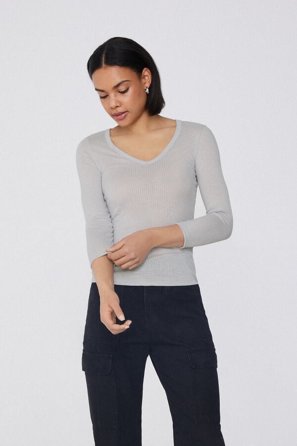 Tezenis Camiseta Manga Tres Cuartos Escote Pico Viscosa Canalé Superdescuento