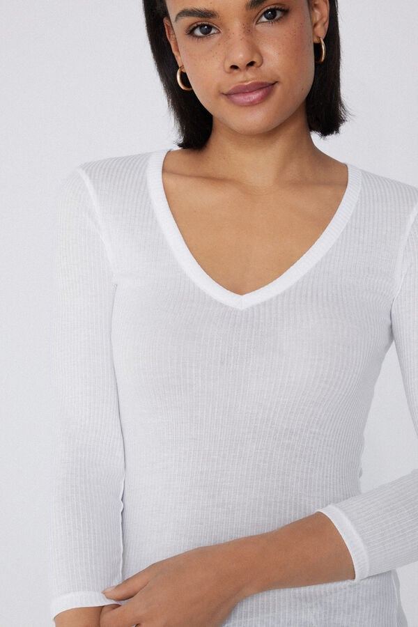 Tezenis Camiseta Manga Tres Cuartos Escote Pico Viscosa Canalé Liquidación