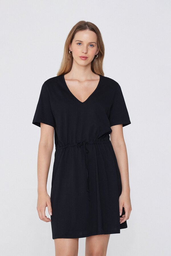 Tezenis Vestido Corto de Manga Corta de Algodón con Escote Pico Precios de Black Friday